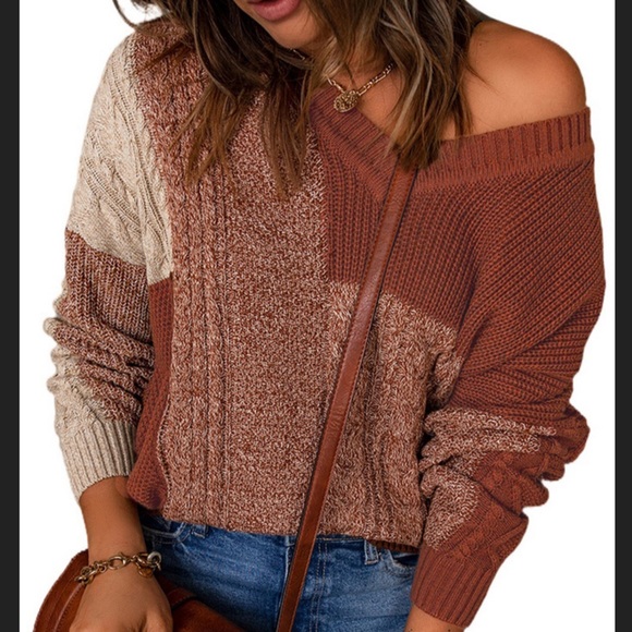 #52 1 Left! Rust Brown Drop Shoulder V Neck Sweater - Picture 3 of 10